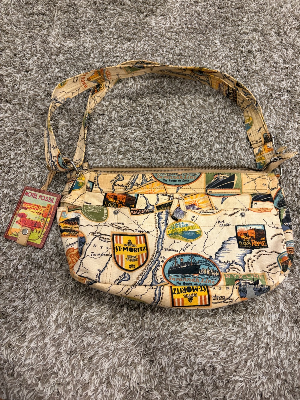 Vintage Fossil Cream Canvas Crossbody with Multicolor Travel Patch Print